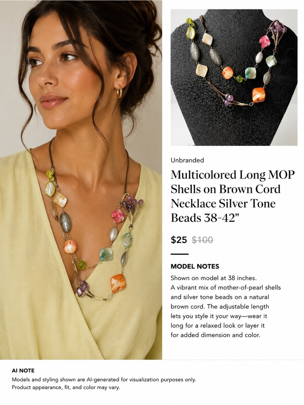 Multicolored Long MOP Shells on Brown Cord Necklace Silver Tone Beads 38-42"